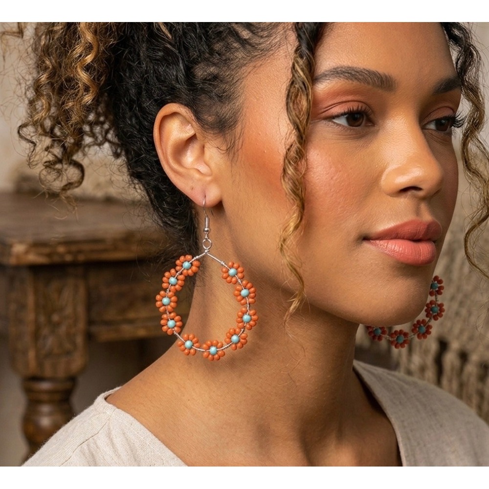 Paparazzi Festively Flower Child Orange Beaded Daisy Hoop‎ Earrings NWT